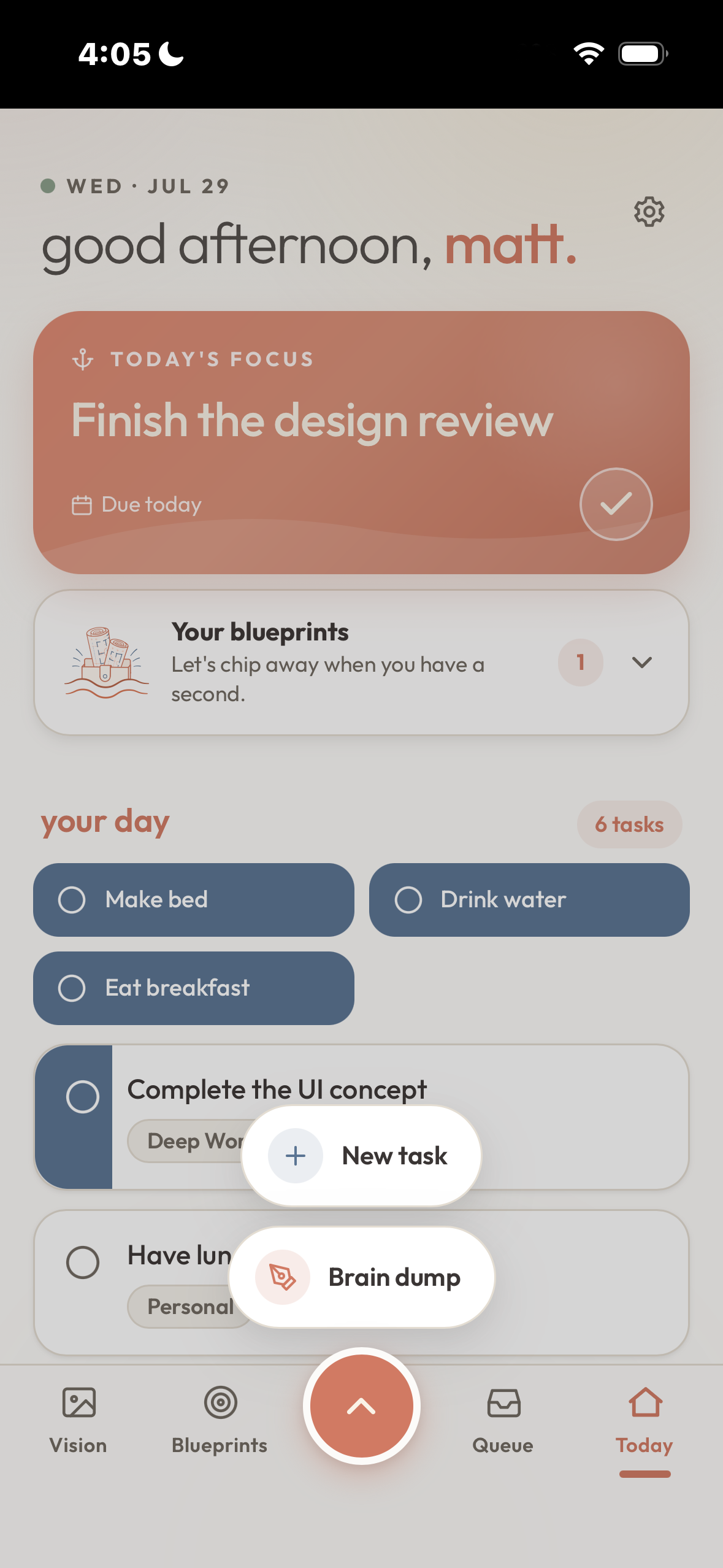 Opening Brain dump from the Alora menu on iOS